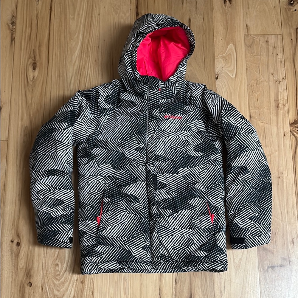 Columbia Kids Black and White Patterned Puffer Jacket with Pink Lining